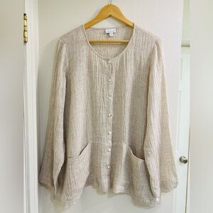 J. Jill Womens 100% Linen Button Up Shirt Large Beige Pocket Tunic Crinkle